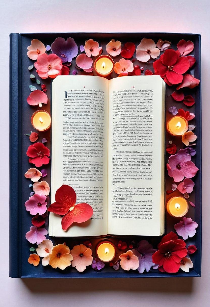 An open, beautifully illustrated wordbook surrounded by soft petals and glowing candles, symbolizing romance and connection. Each page reveals enchanting words related to love and passion, with warm, inviting colors illuminating the scene. A heart-shaped outline of words gently encircles the book. Artistic and whimsical design with a touch of magic. vibrant colors. 3D.