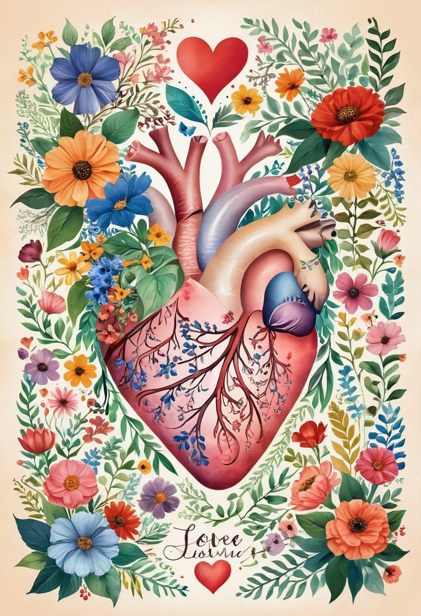 A beautifully illustrated heart-shaped collage filled with vibrant synonyms related to love in various languages, surrounded by delicate flowers and whimsical vines. Each synonym has a unique font style and color, representing different emotions tied to love. The background is softly blurred, emphasizing the heart collage at the center, creating a warm and inviting atmosphere. pastel colors. whimsical art. high detail.